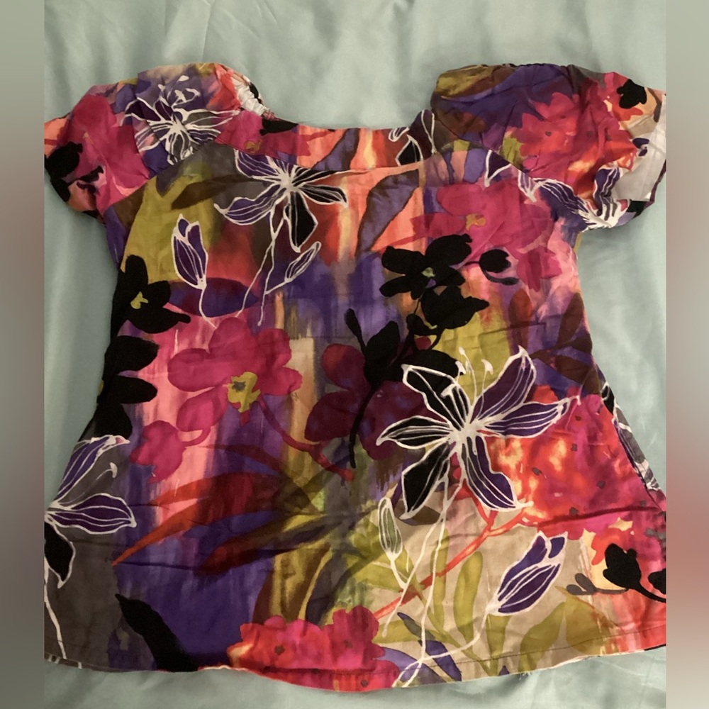Koi Vibrant Floral Scrub Top with Pink and Purple Accents